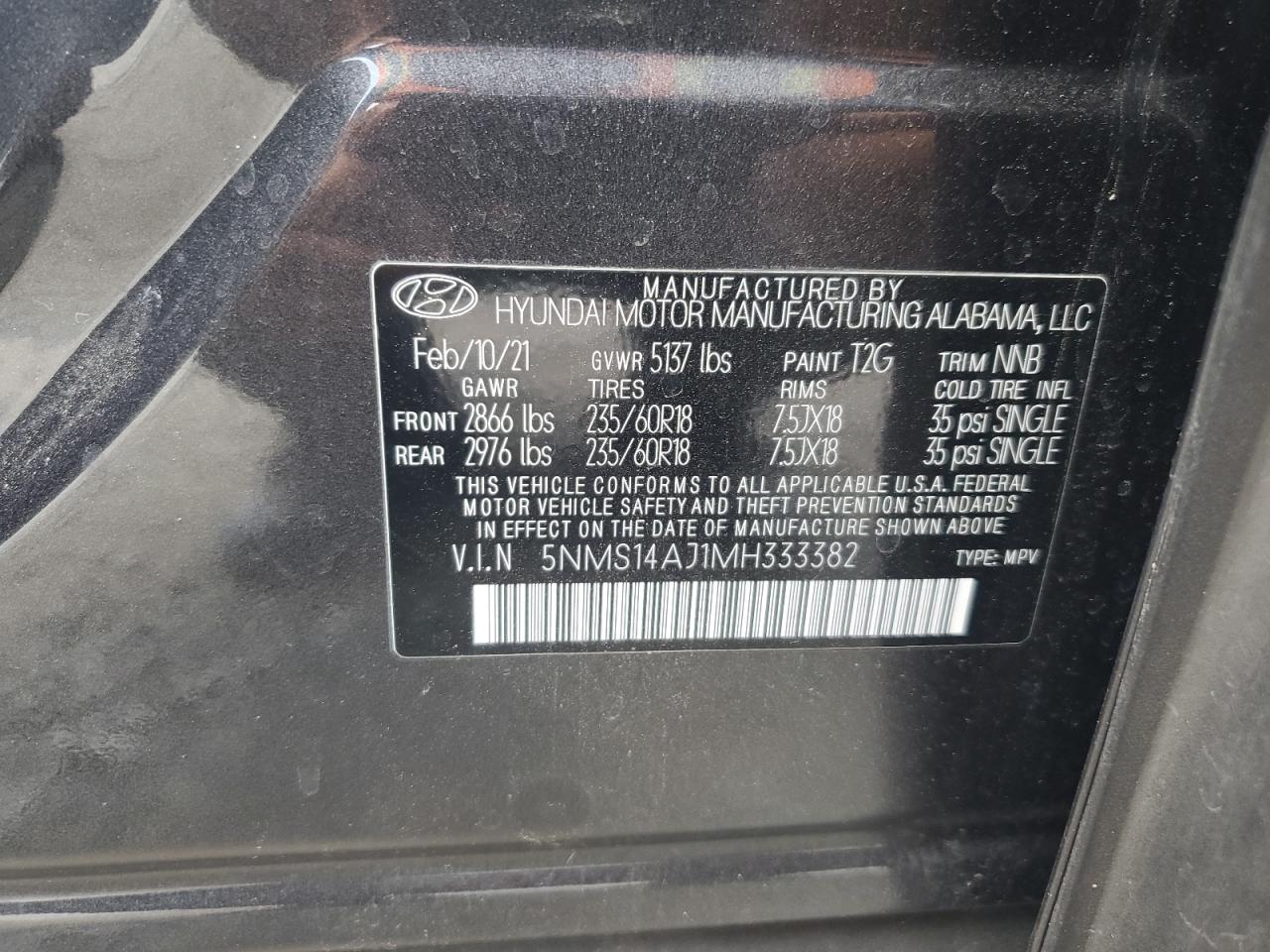 5NMS14AJ1MH333382 2021 Hyundai Santa Fe Se