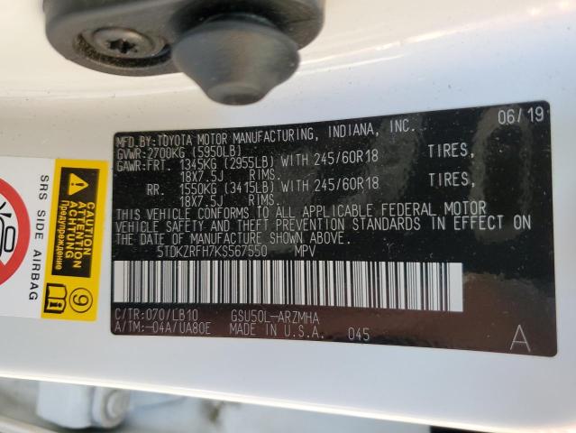 2019 Toyota Highlander Se VIN: 5TDKZRFH7KS567550 Lot: 59584194