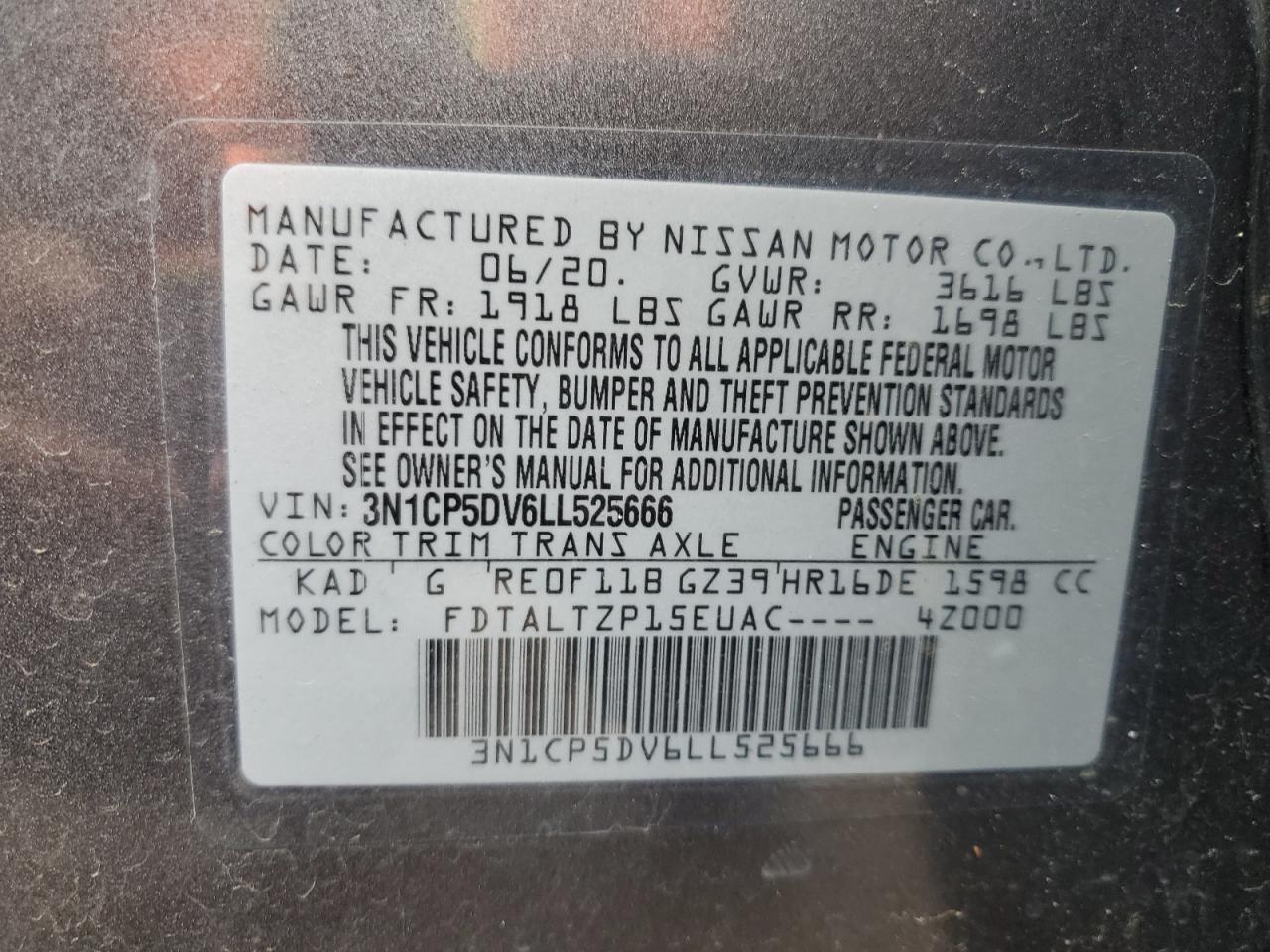 3N1CP5DV6LL525666 2020 Nissan Kicks Sr