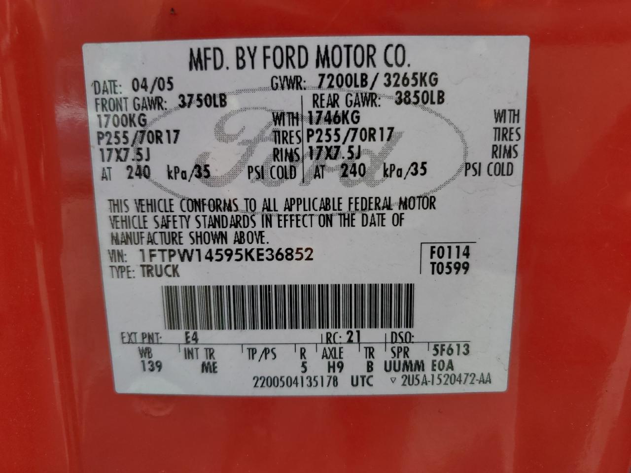 1FTPW14595KE36852 2005 Ford F150 Supercrew