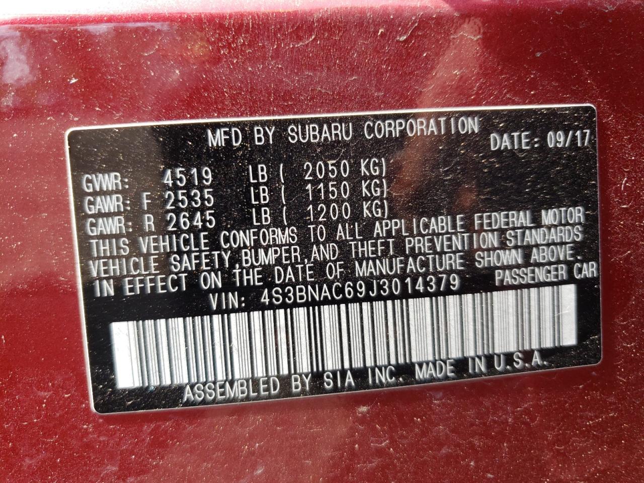 4S3BNAC69J3014379 2018 Subaru Legacy 2.5I Premium