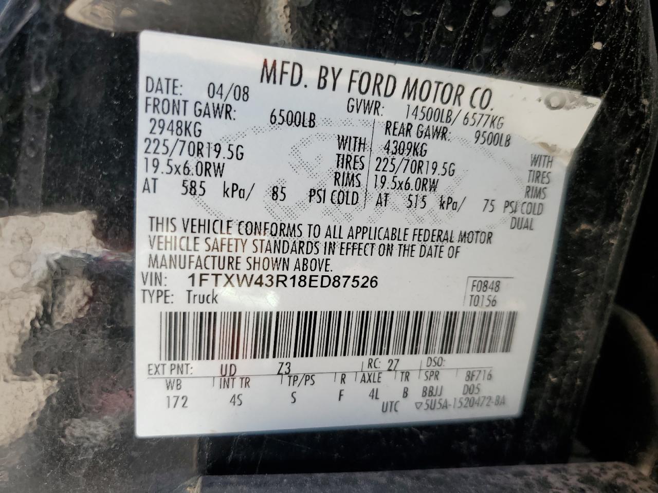 1FTXW43R18ED87526 2008 Ford F450 Super Duty