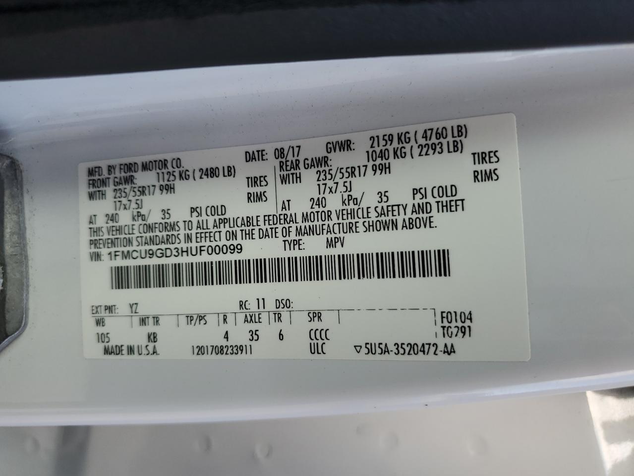 1FMCU9GD3HUF00099 2017 Ford Escape Se