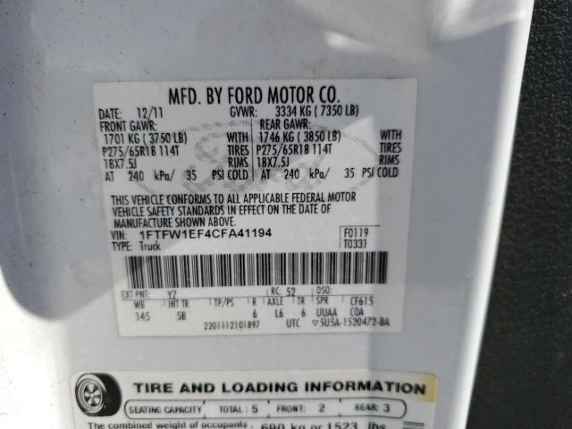 2012 Ford F150 Supercrew VIN: 1FTFW1EF4CFA41194 Lot: 59996274