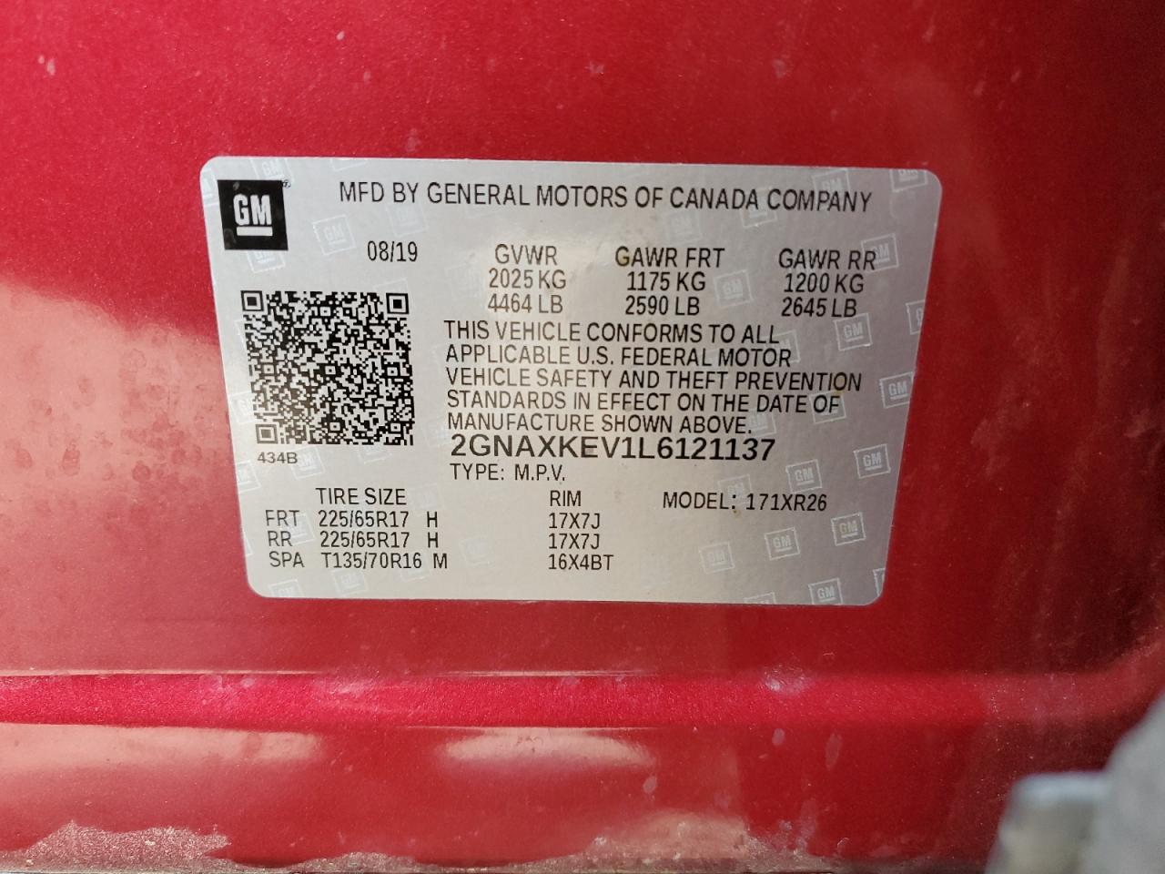 2GNAXKEV1L6121137 2020 Chevrolet Equinox Lt