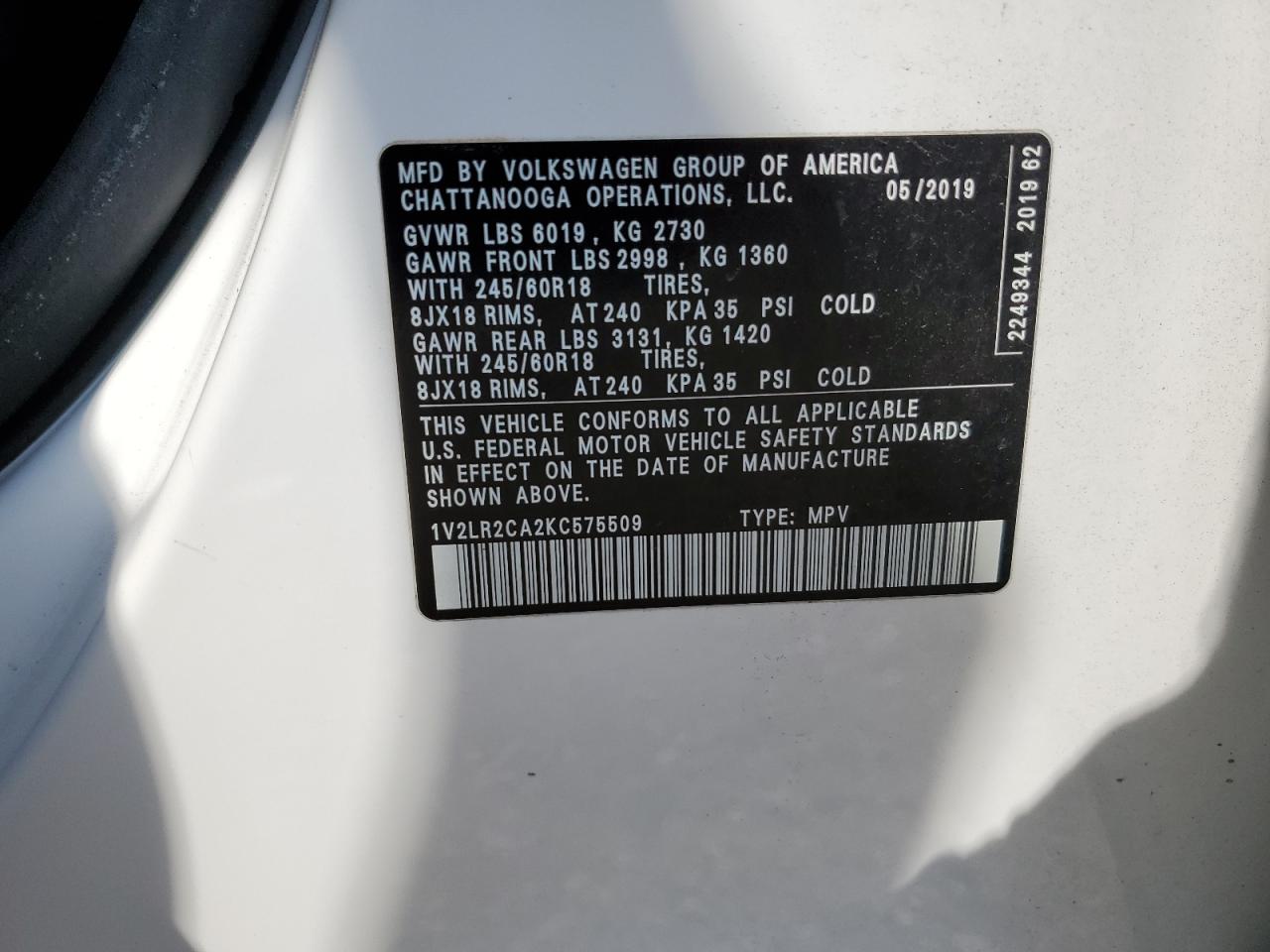 1V2LR2CA2KC575509 2019 Volkswagen Atlas Se