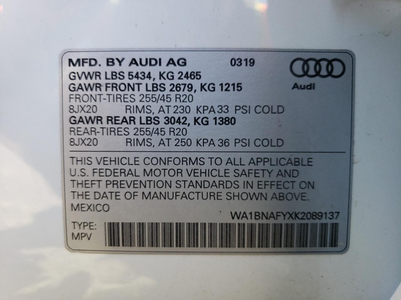 WA1BNAFYXK2089137 2019 Audi Q5 Premium Plus