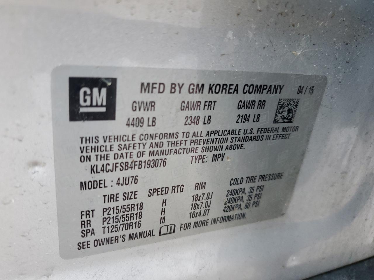 KL4CJFSB4FB193076 2015 Buick Encore Convenience