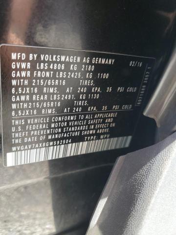 2016 Volkswagen Tiguan S VIN: WVGAV7AX8GW592504 Lot: 57946474