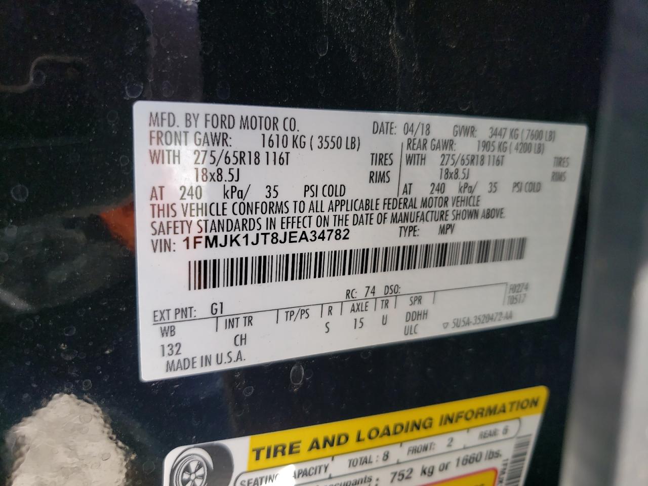 1FMJK1JT8JEA34782 2018 Ford Expedition Max Xlt