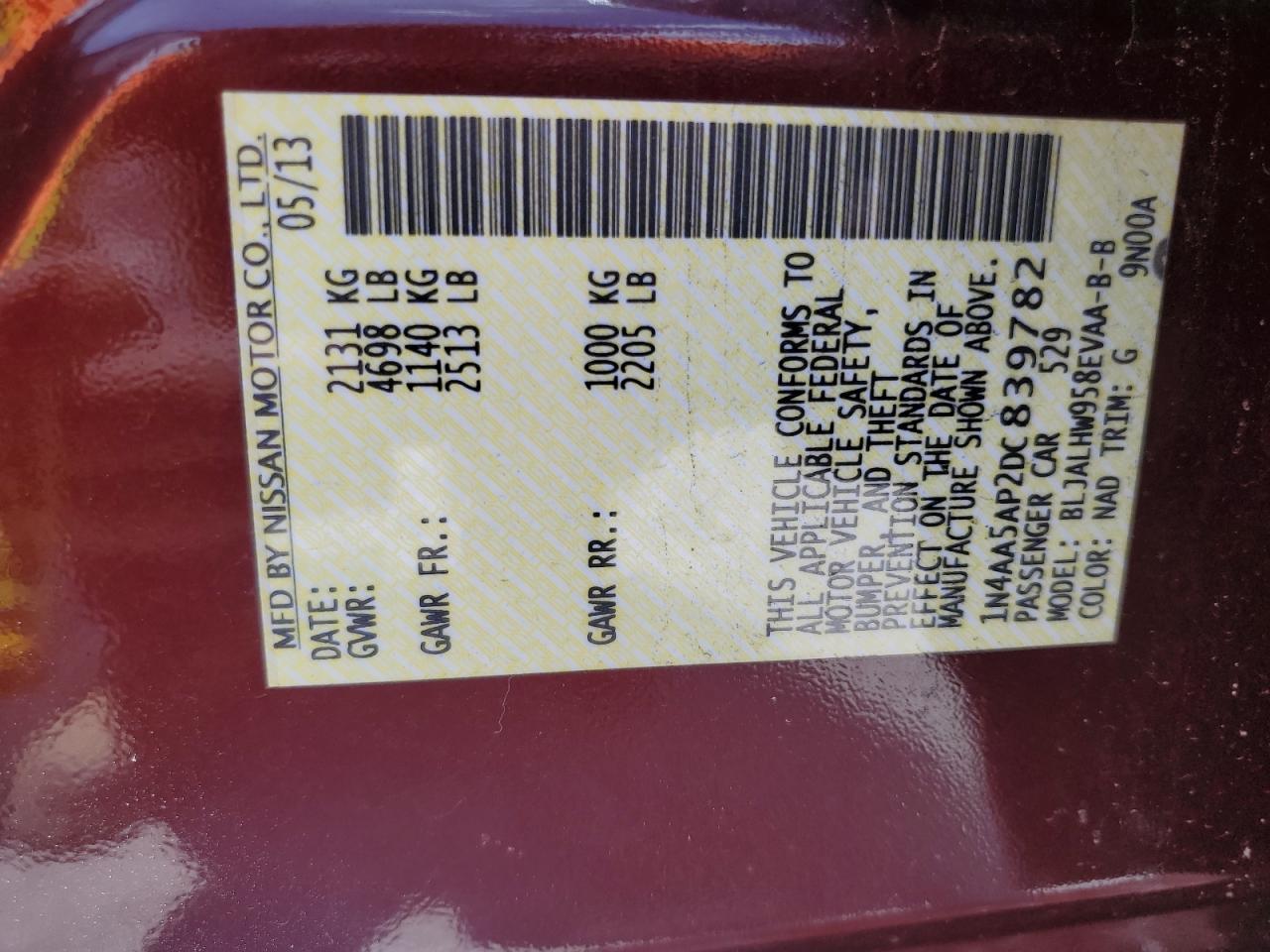 1N4AA5AP2DC839782 2013 Nissan Maxima S