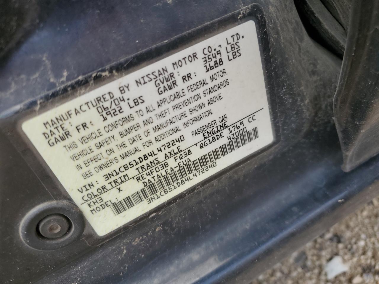 3N1CB51D84L472240 2004 Nissan Sentra 1.8