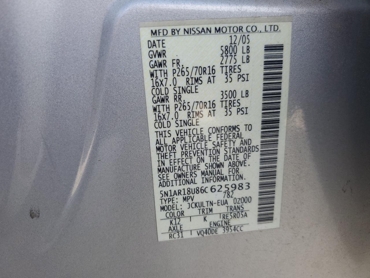 5N1AR18U86C625983 2006 Nissan Pathfinder Le