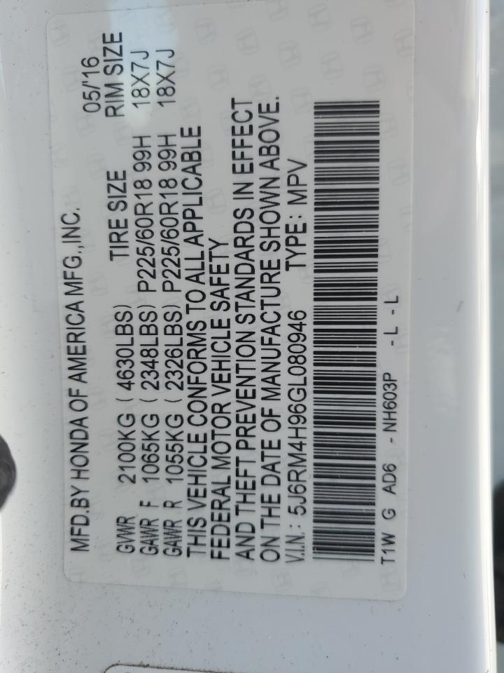 5J6RM4H96GL080946 2016 Honda Cr-V Touring 5J6RM4H96GL080946 2016 Honda Cr-V Touring