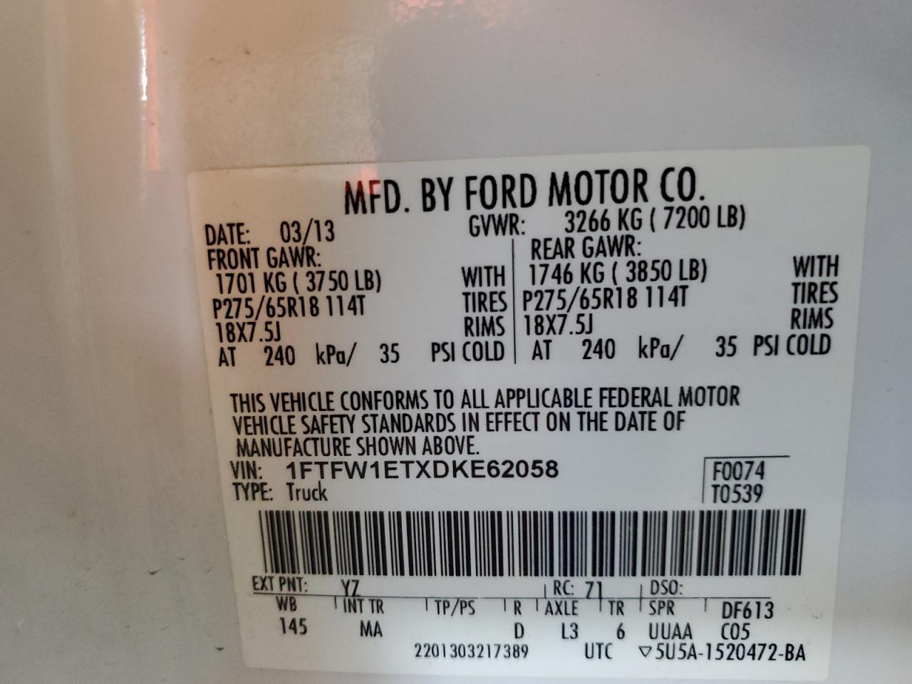 1FTFW1ETXDKE62058 2013 Ford F150 Supercrew