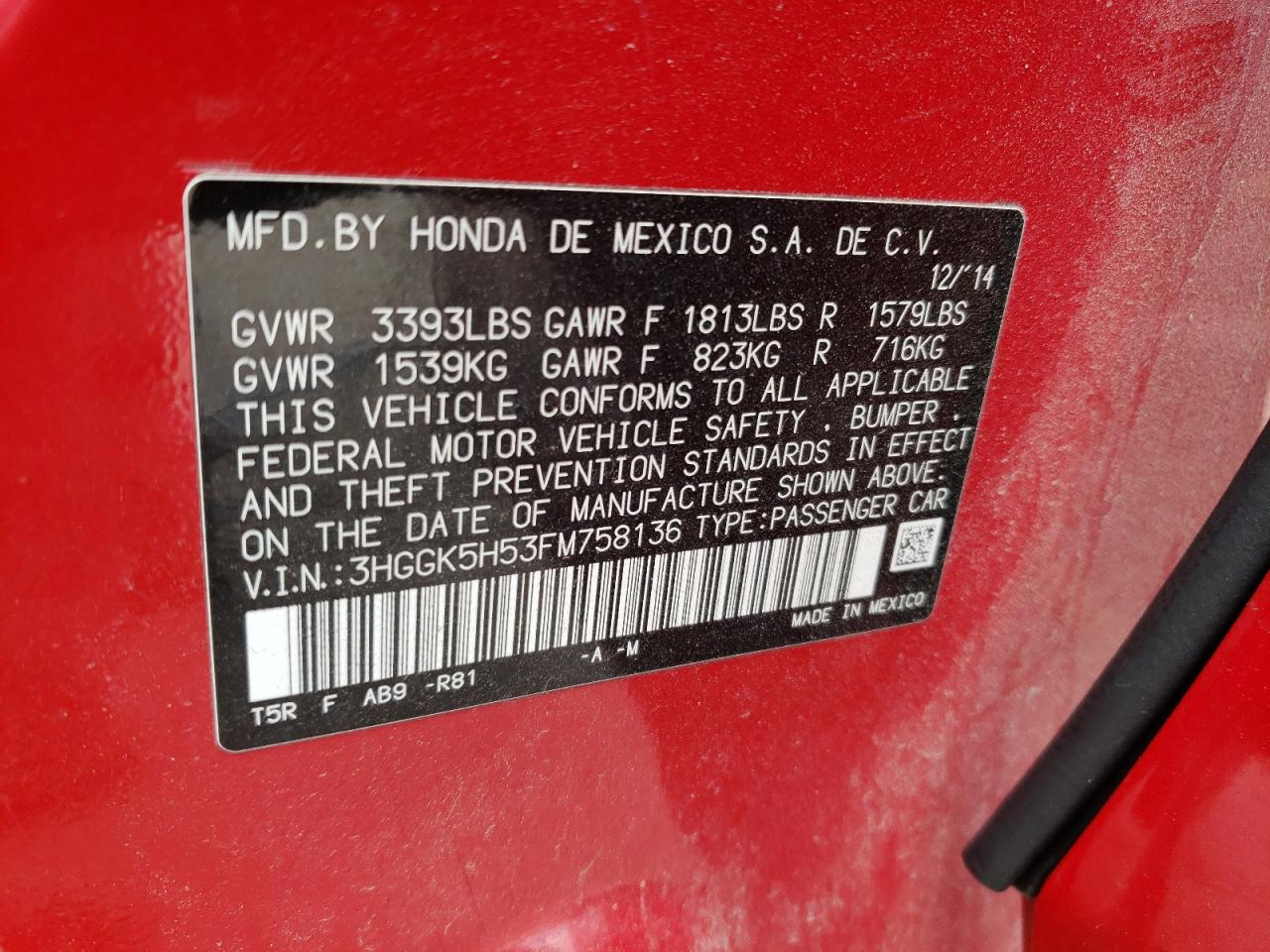 3HGGK5H53FM758136 2015 Honda Fit Lx