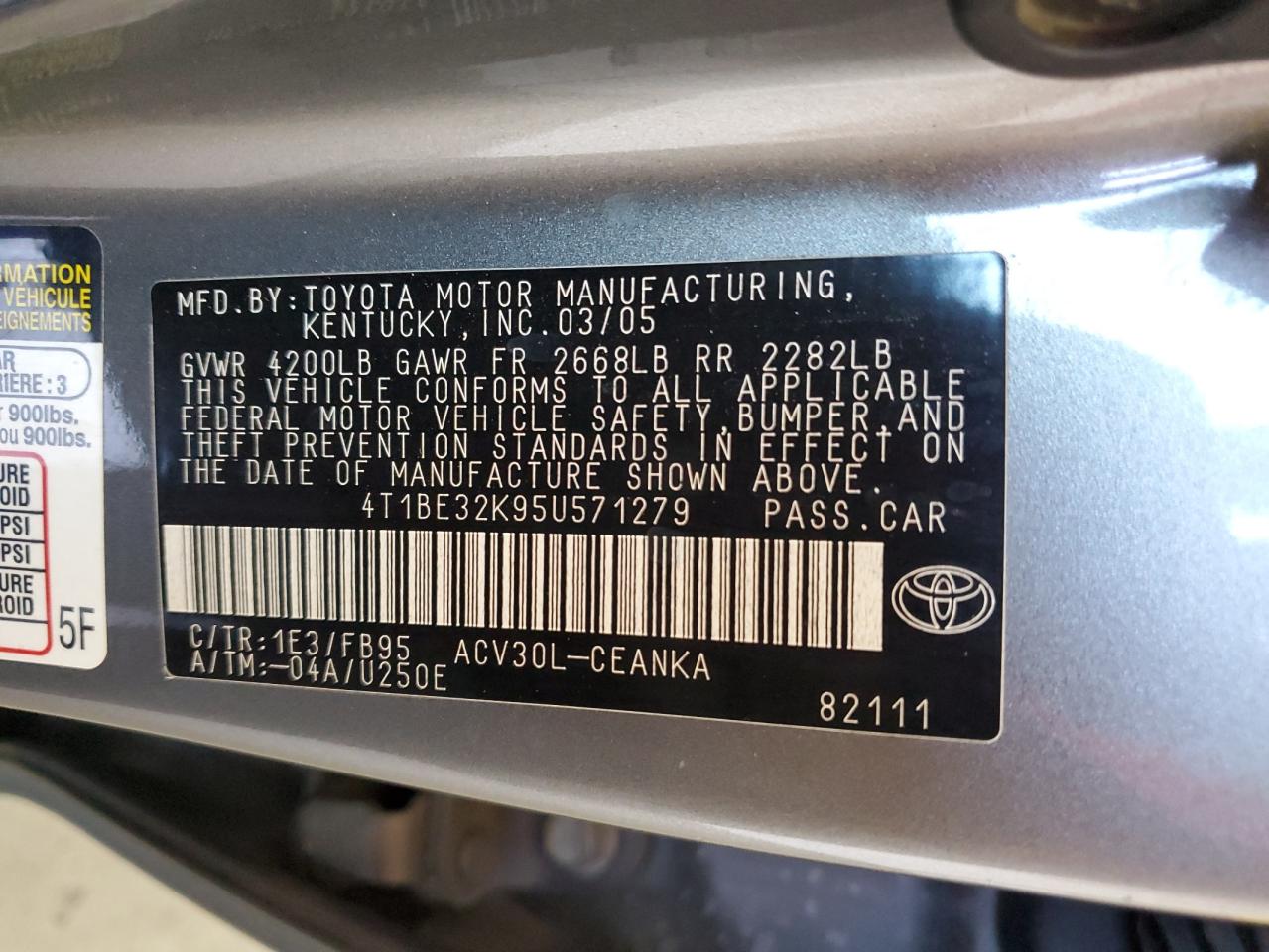 4T1BE32K95U571279 2005 Toyota Camry Le