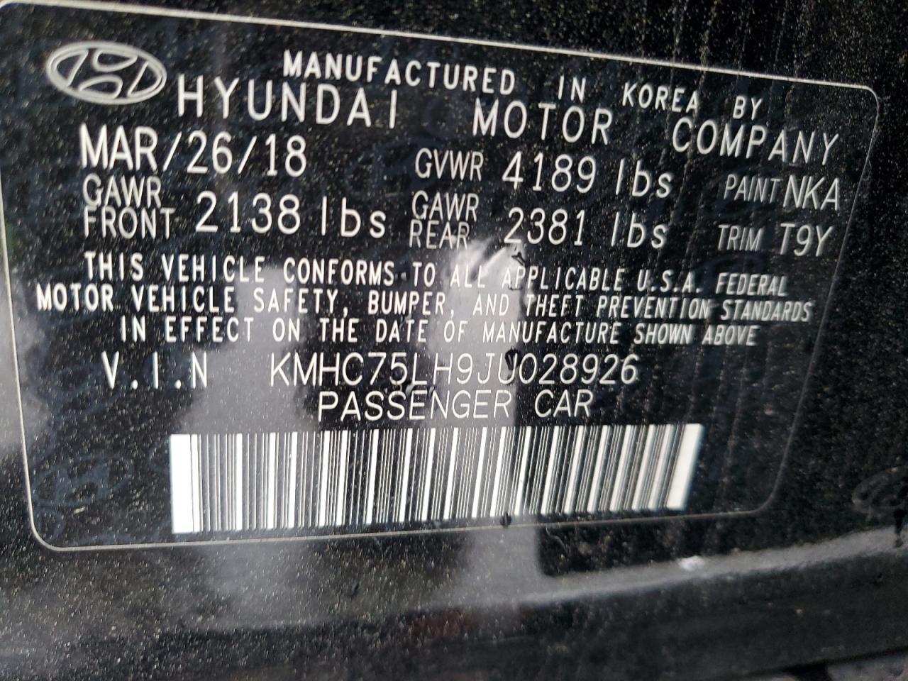 KMHC75LH9JU028926 2018 Hyundai Ioniq