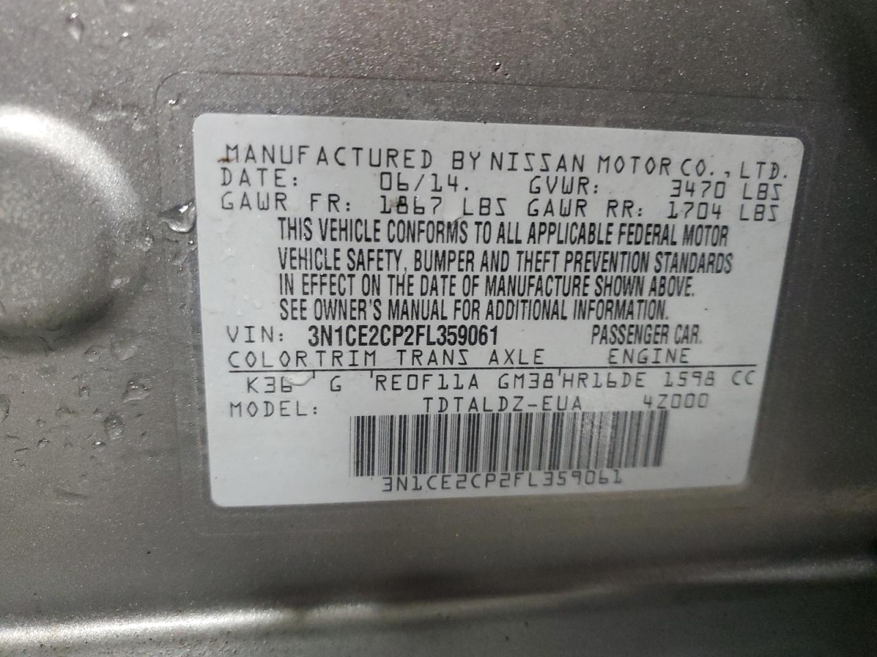 3N1CE2CP2FL359061 2015 Nissan Versa Note S