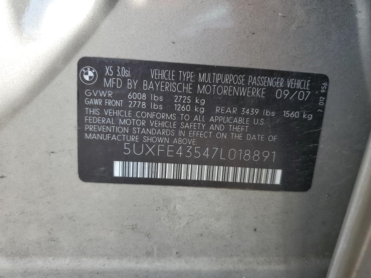 5UXFE43547L018891 2007 BMW X5 3.0I