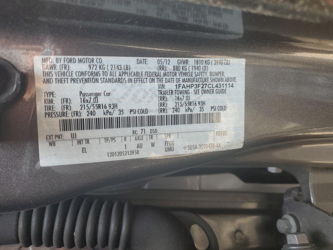 1FAHP3F27CL431114 2012 Ford Focus Se