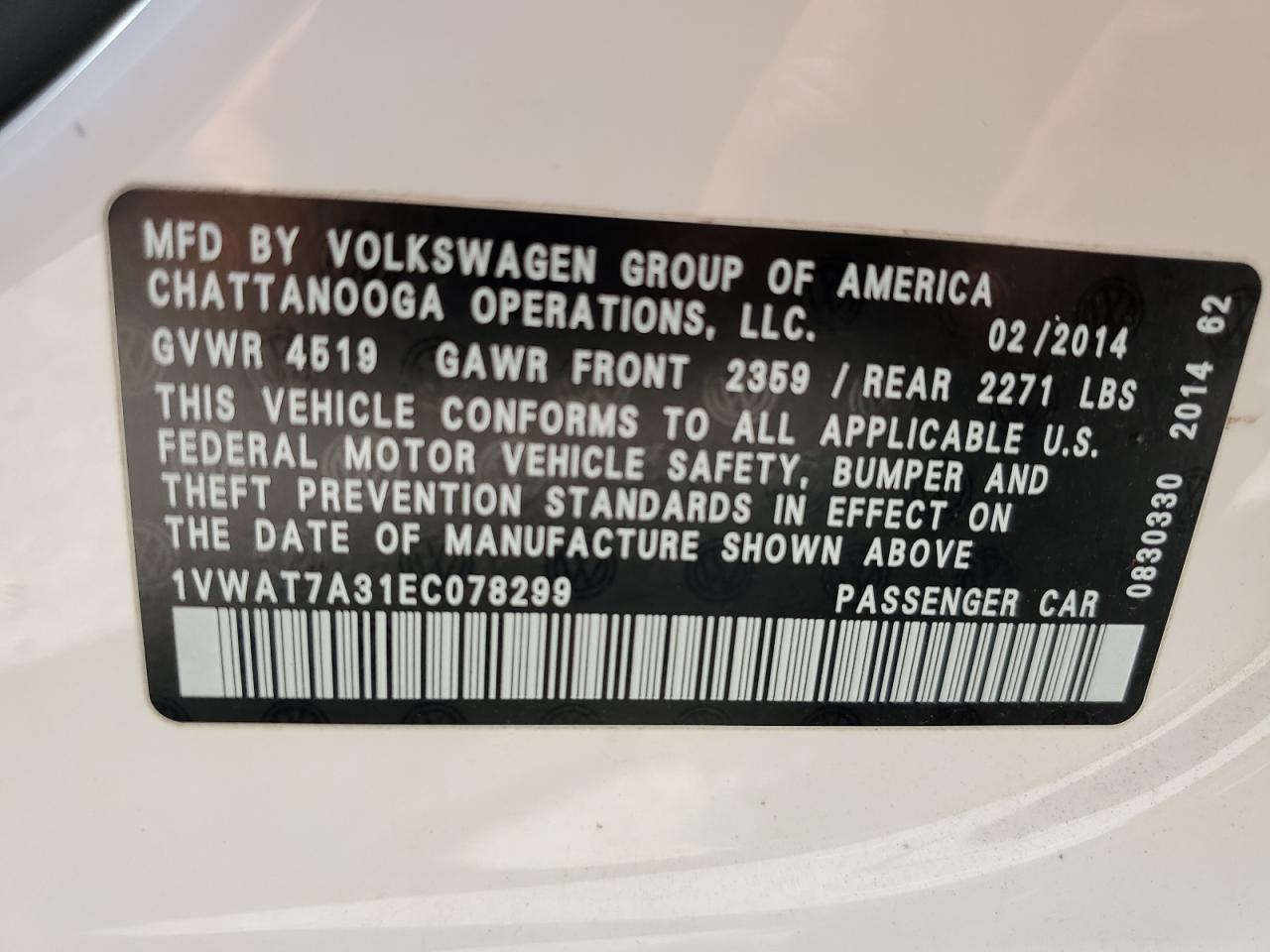 1VWAT7A31EC078299 2014 Volkswagen Passat S