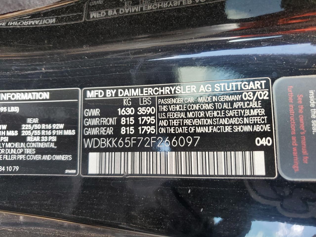 WDBKK65F72F266097 2002 Mercedes-Benz Slk 320