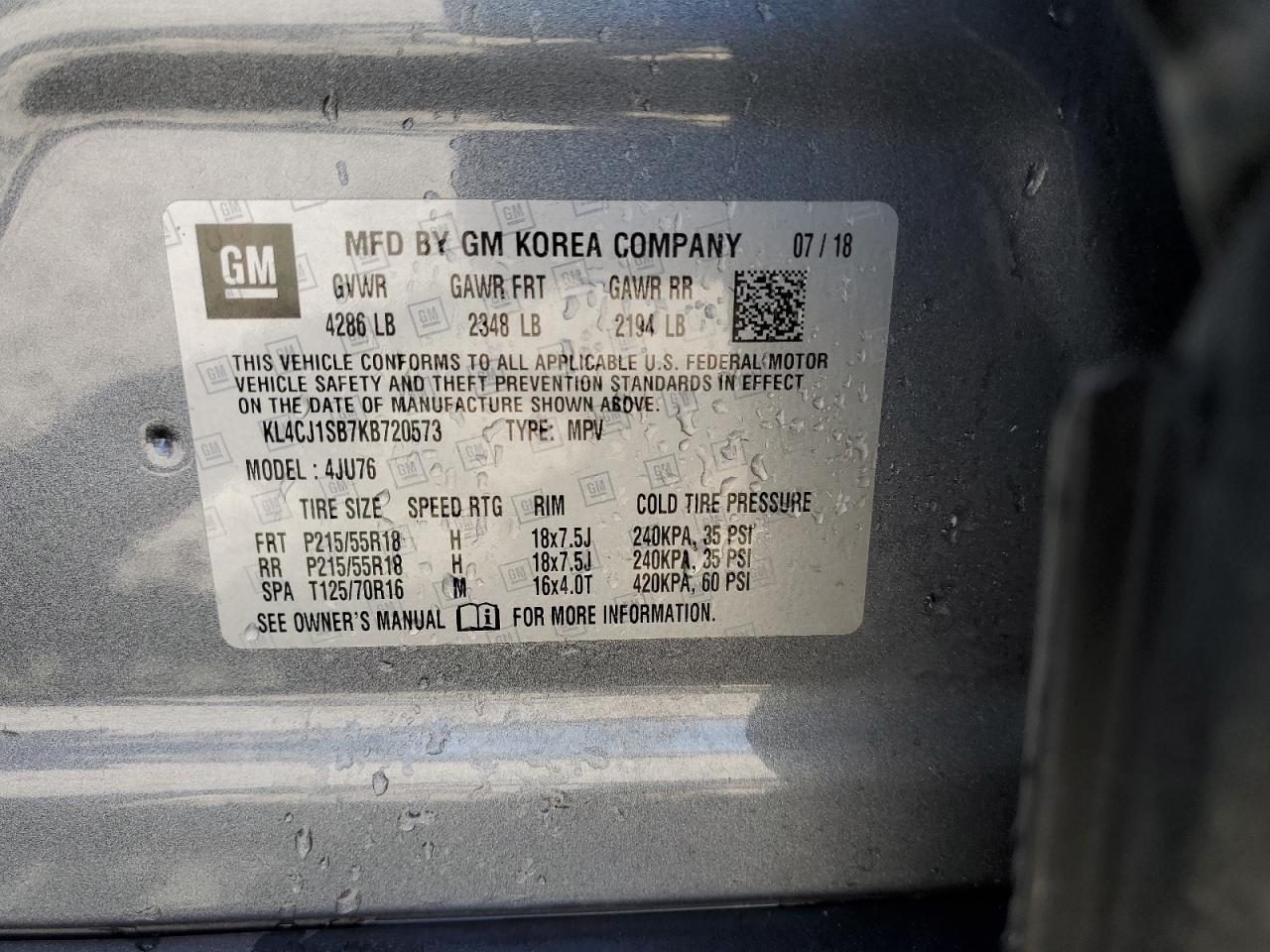 KL4CJ1SB7KB720573 2019 Buick Encore Sport Touring