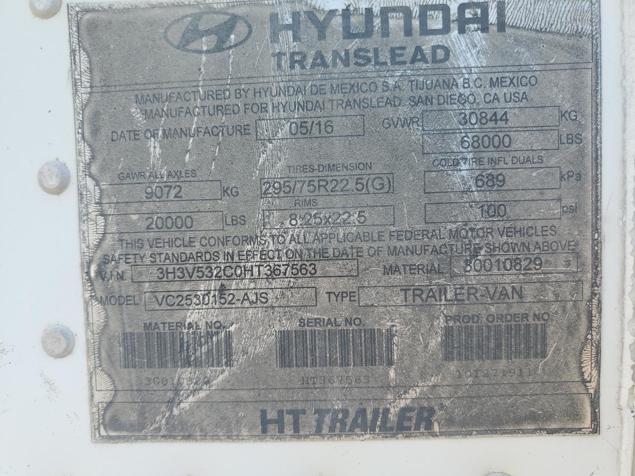 3H3V532C0HT367563 2017 Hyundai Trailer