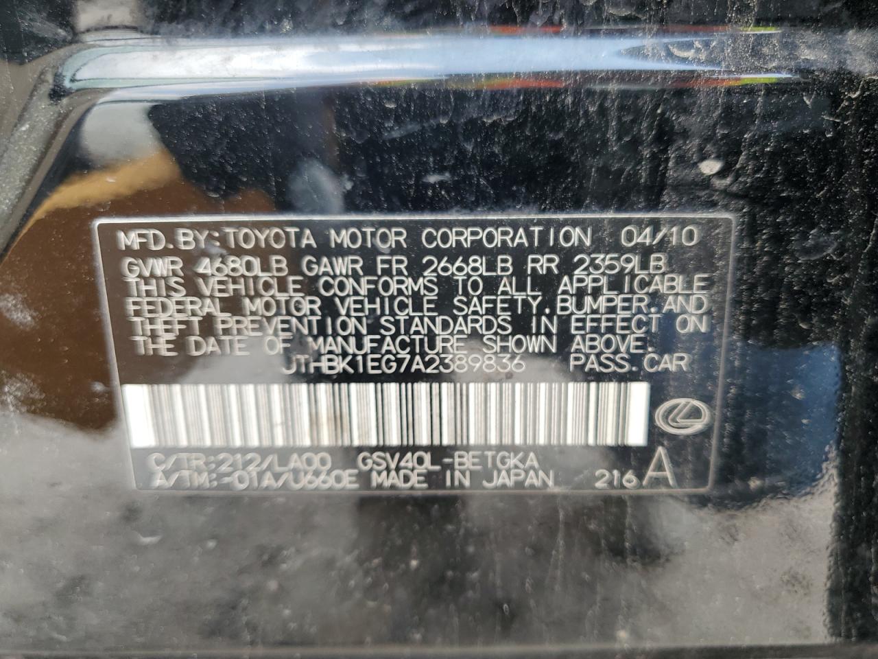 JTHBK1EG7A2389836 2010 Lexus Es 350