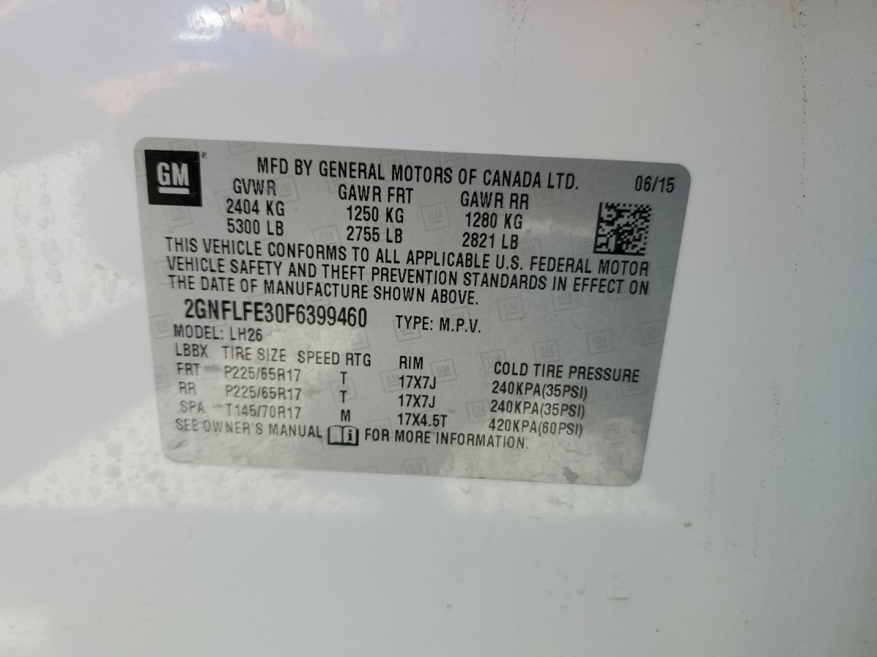 2GNFLFE30F6399460 2015 Chevrolet Equinox Lt