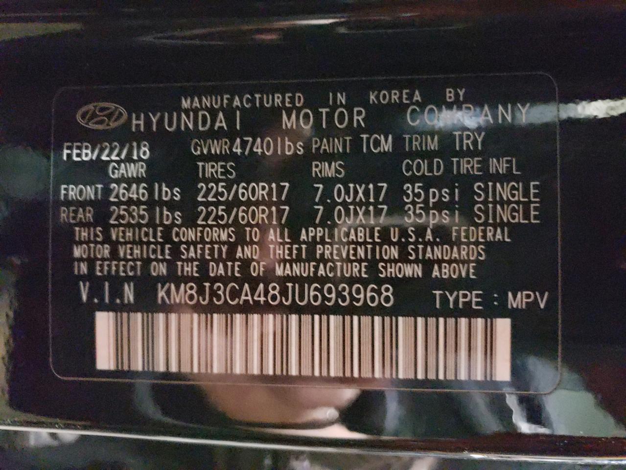 KM8J3CA48JU693968 2018 Hyundai Tucson Sel