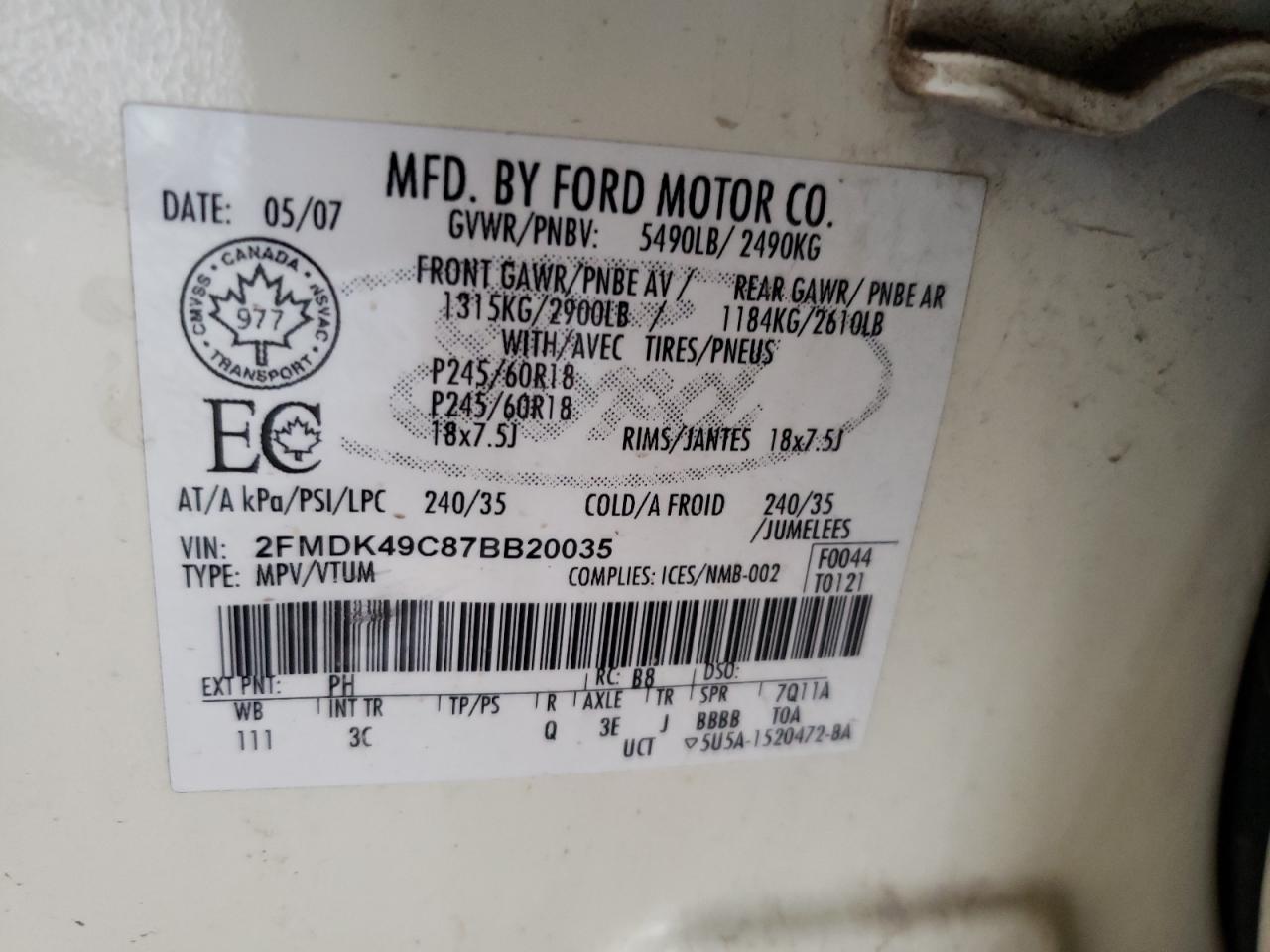 2FMDK49C87BB20035 2007 Ford Edge Sel Plus