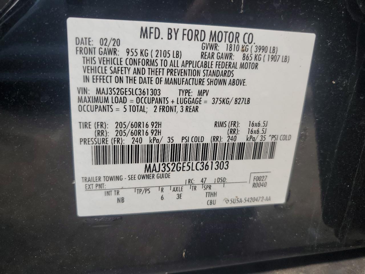 MAJ3S2GE5LC361303 2020 Ford Ecosport Se