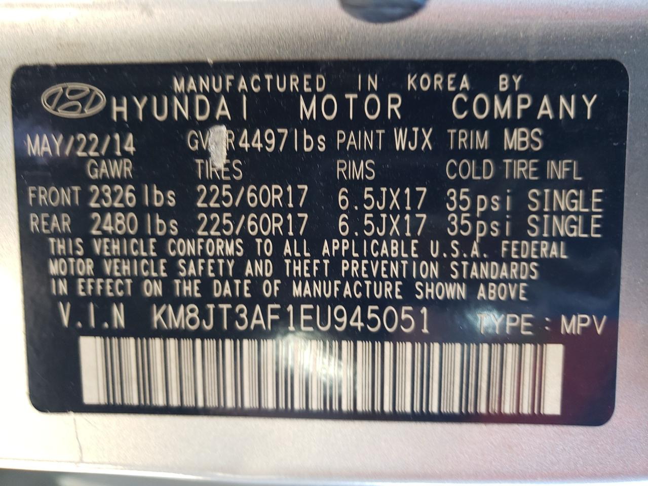 KM8JT3AF1EU945051 2014 Hyundai Tucson Gls