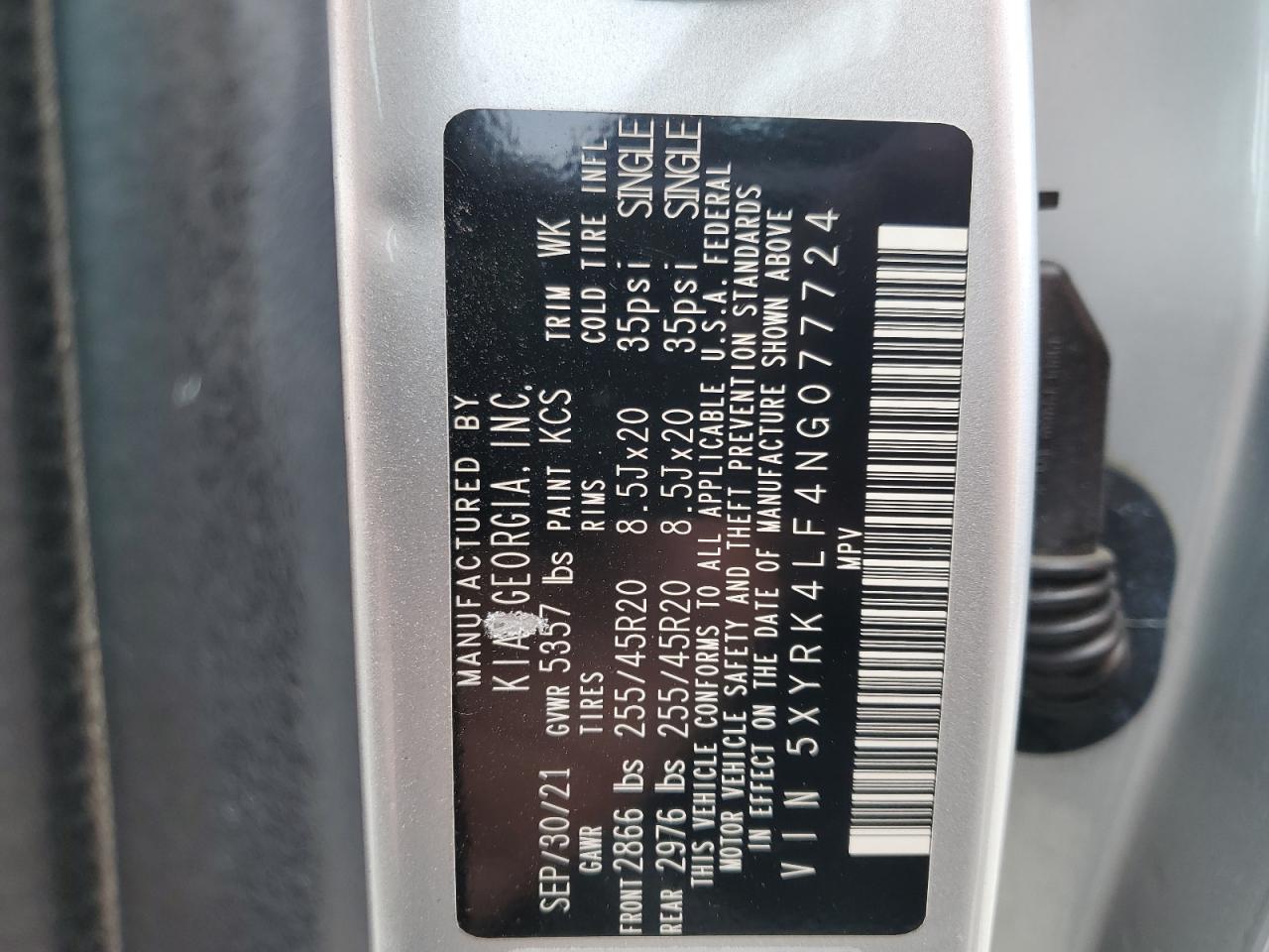 5XYRK4LF4NG077724 2022 Kia Sorento Sx