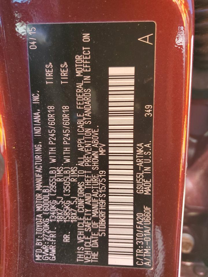 5TDBKRFH9FS157519 2015 Toyota Highlander Le