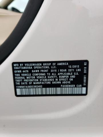 2013 Volkswagen Passat Se VIN: 1VWBH7A38DC082452 Lot: 59701744