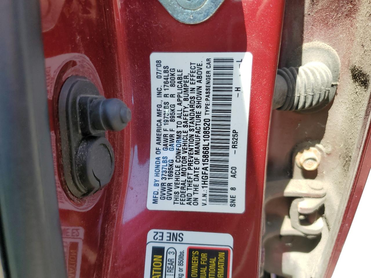 1HGFA15868L108520 2008 Honda Civic Ex