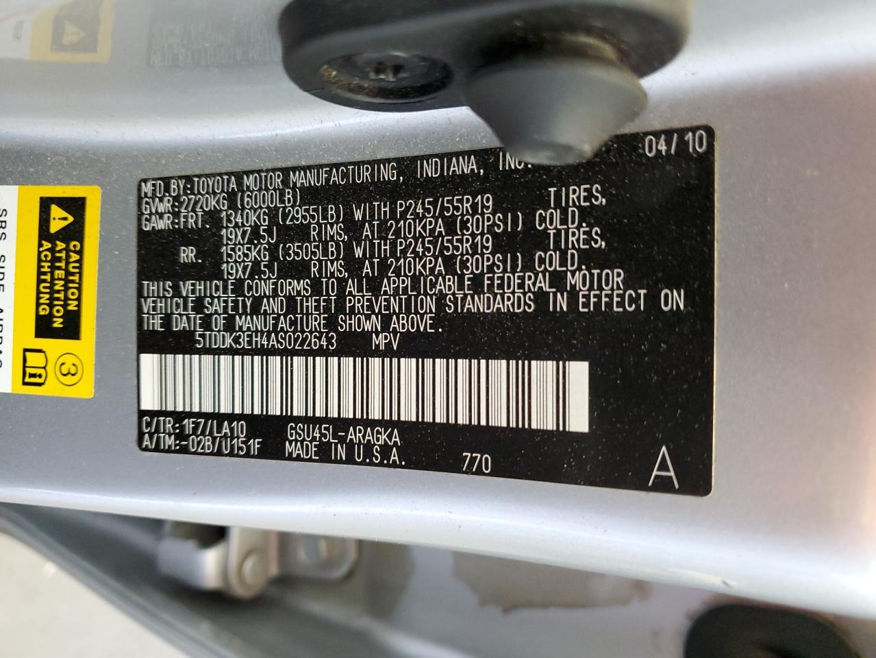 5TDDK3EH4AS022643 2010 Toyota Highlander Limited