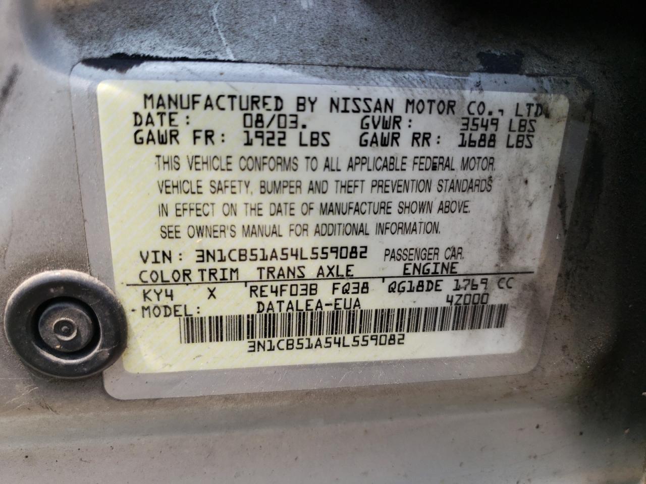 3N1CB51A54L559082 2004 Nissan Sentra 1.8S