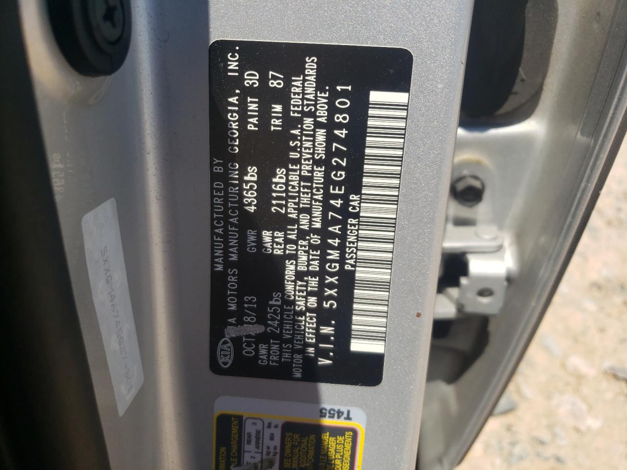 5XXGM4A74EG274801 2014 Kia Optima Lx