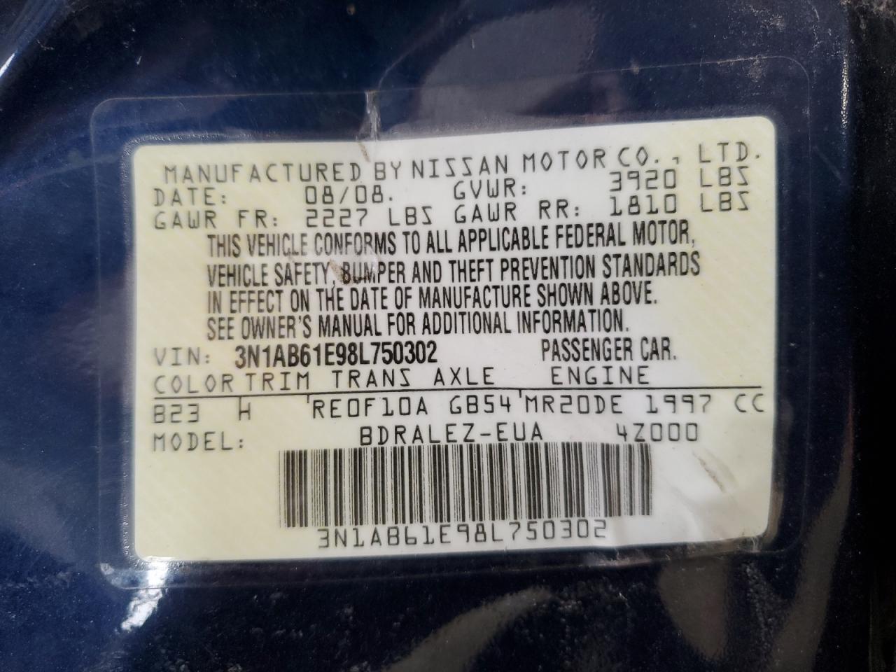 3N1AB61E98L750302 2008 Nissan Sentra 2.0