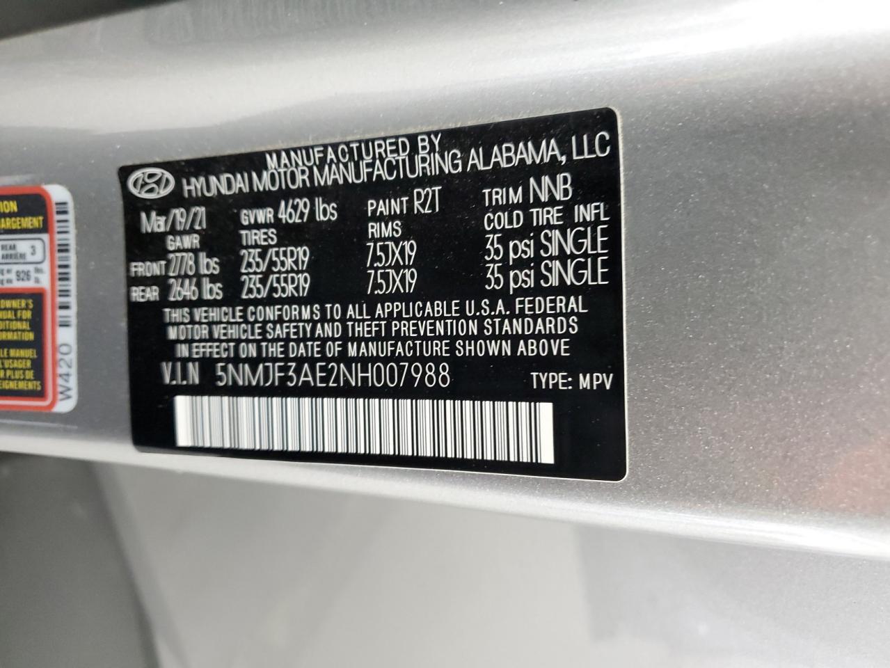 5NMJF3AE2NH007988 2022 Hyundai Tucson Sel