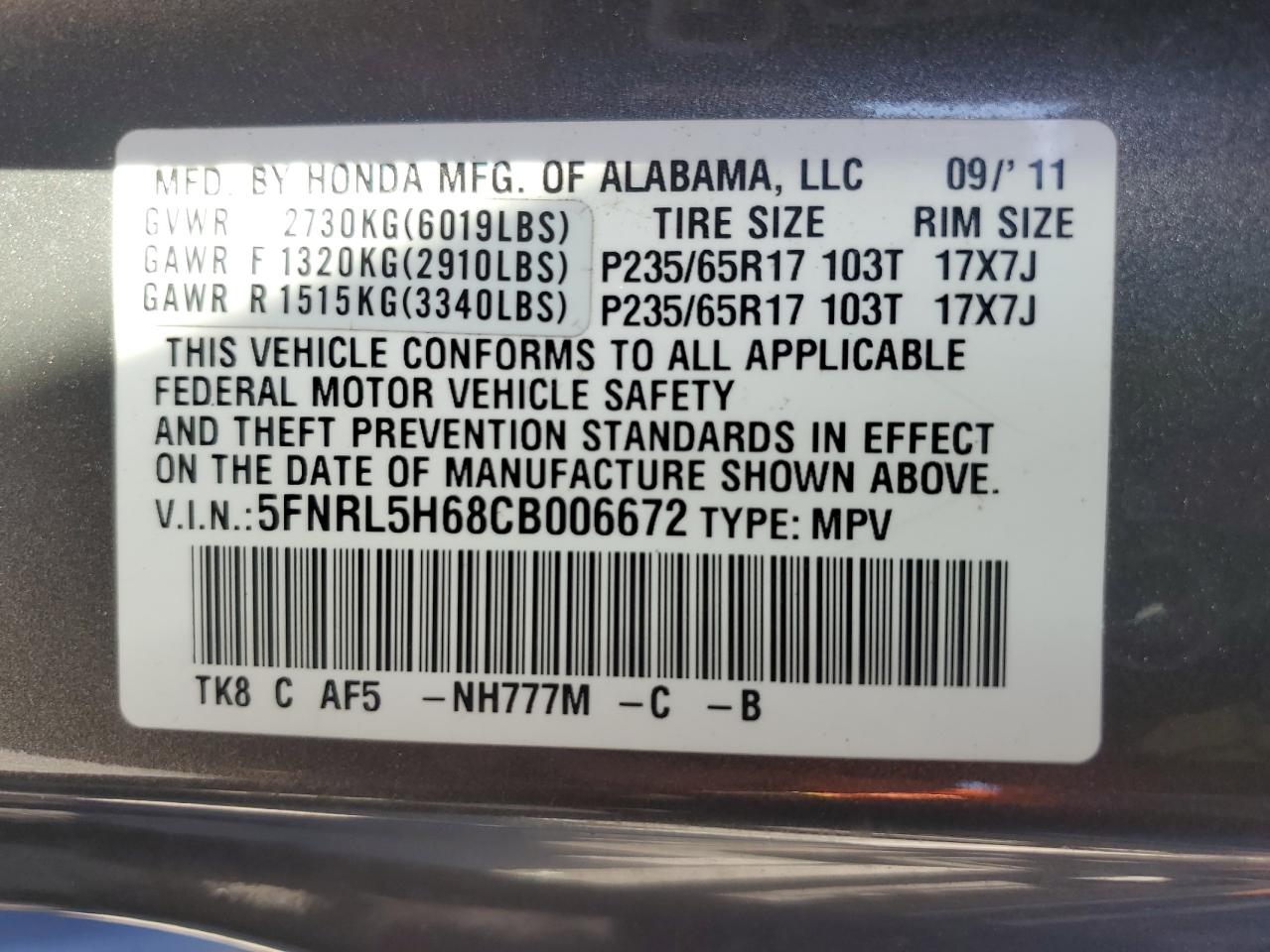5FNRL5H68CB006672 2012 Honda Odyssey Exl