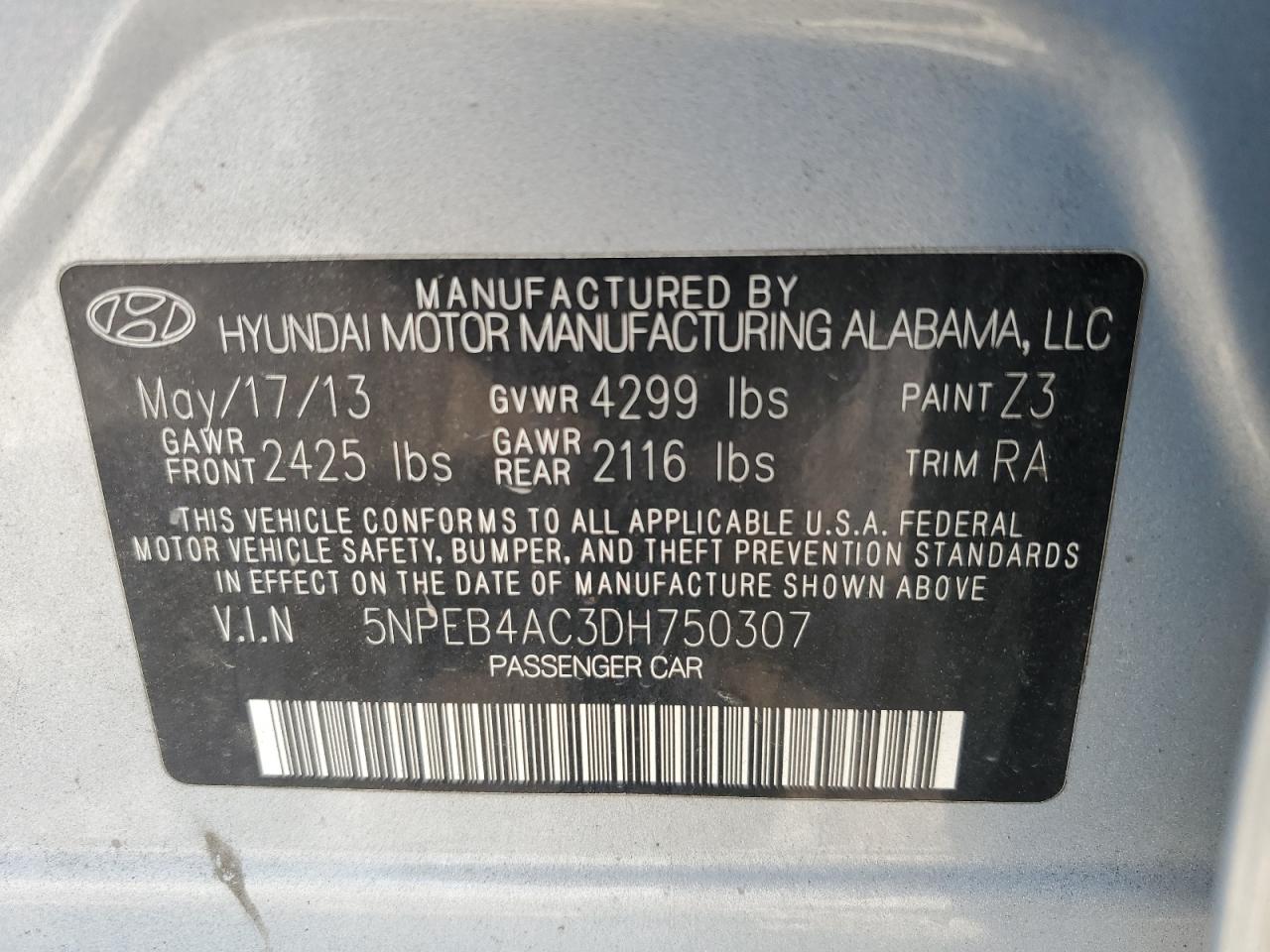 5NPEB4AC3DH750307 2013 Hyundai Sonata Gls