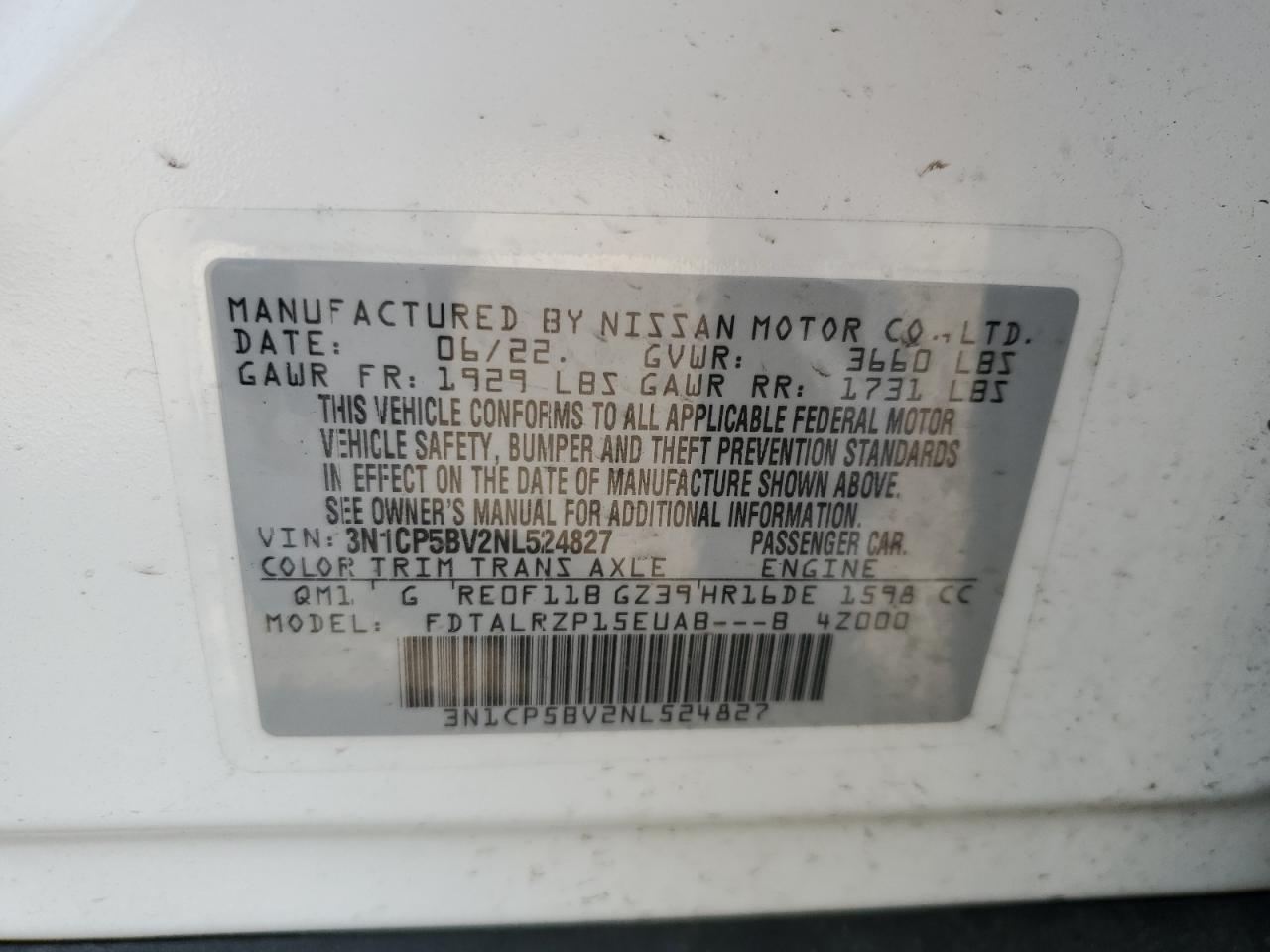 3N1CP5BV2NL524827 2022 Nissan Kicks S