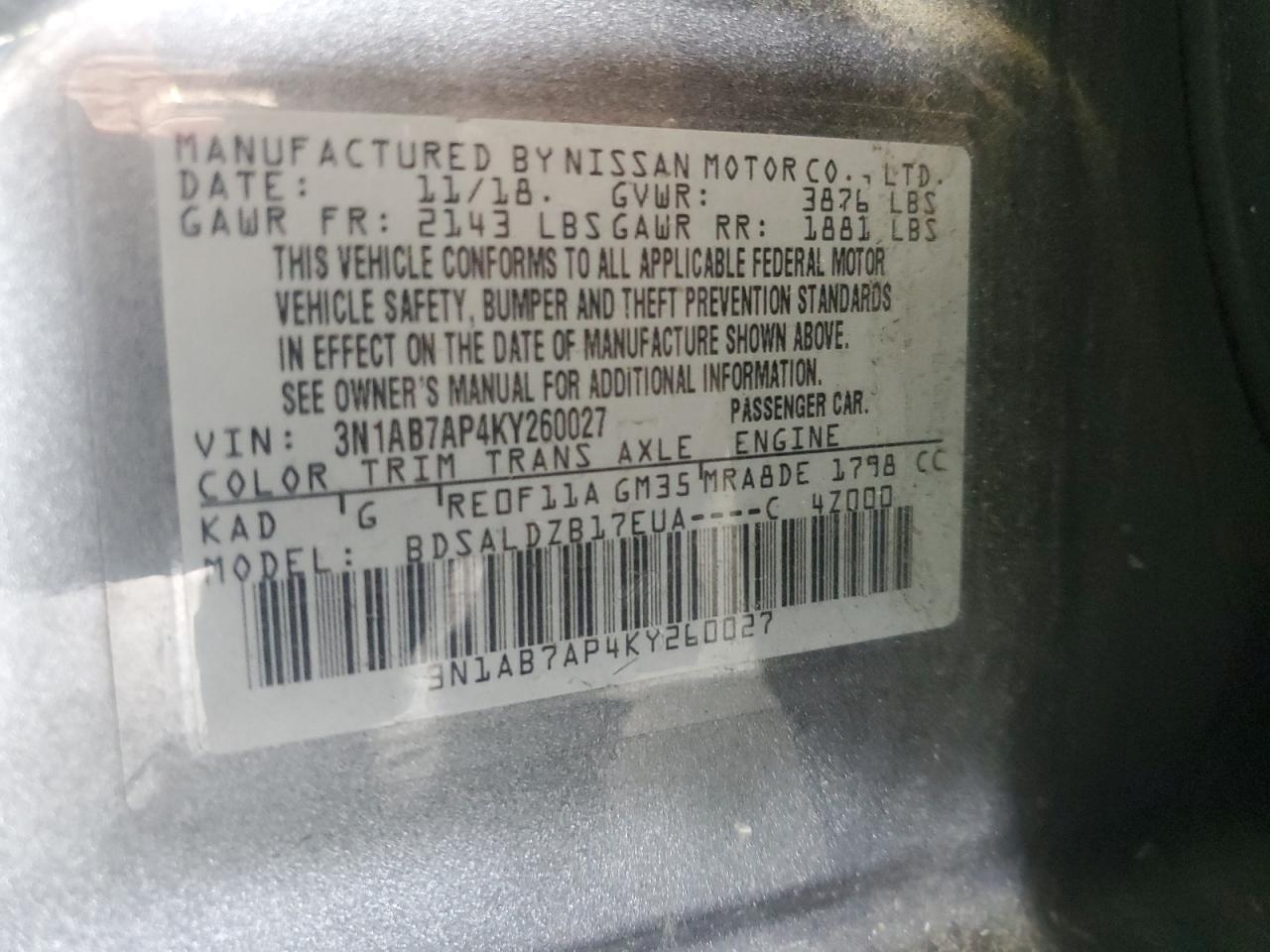 3N1AB7AP4KY260027 2019 Nissan Sentra S