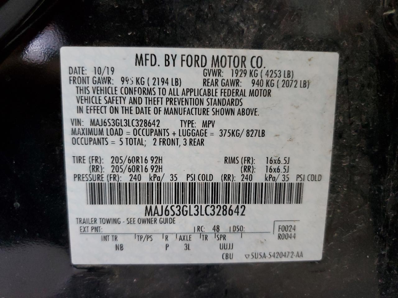 MAJ6S3GL3LC328642 2020 Ford Ecosport Se