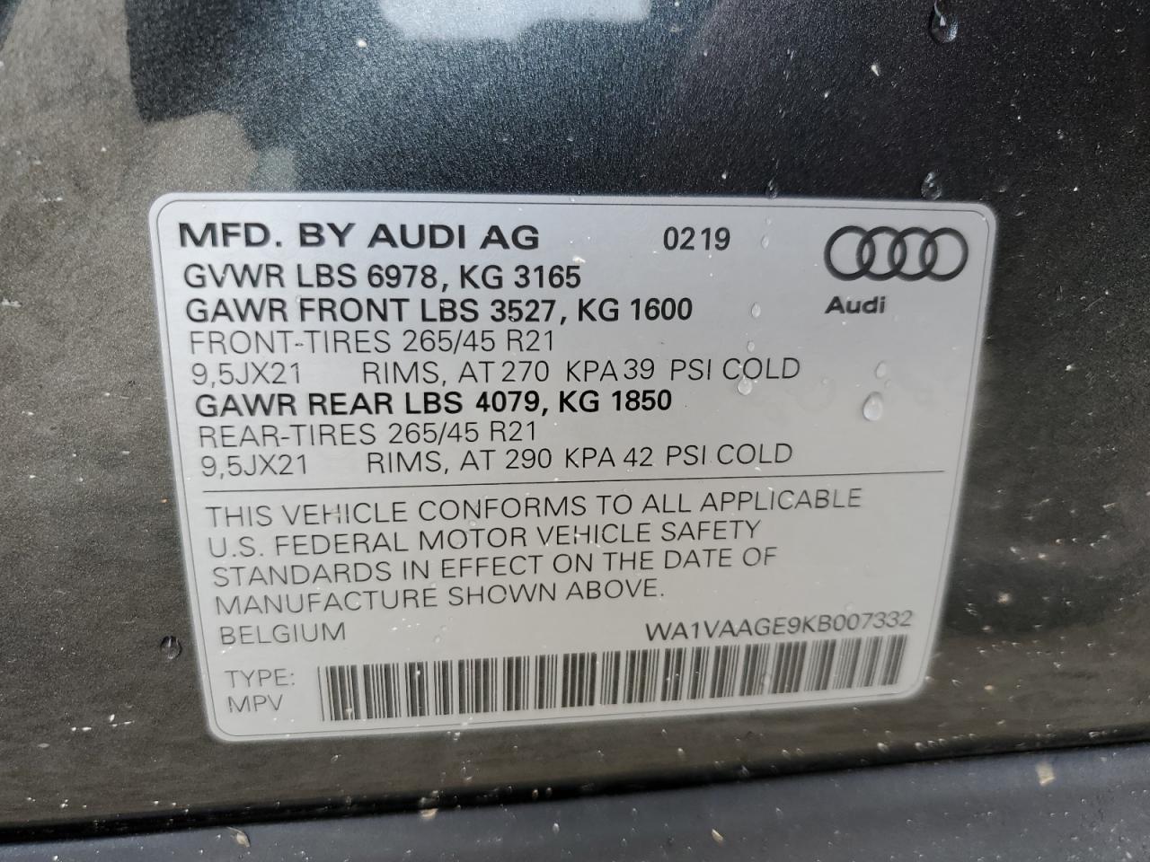 WA1VAAGE9KB007332 2019 Audi E-Tron Prestige